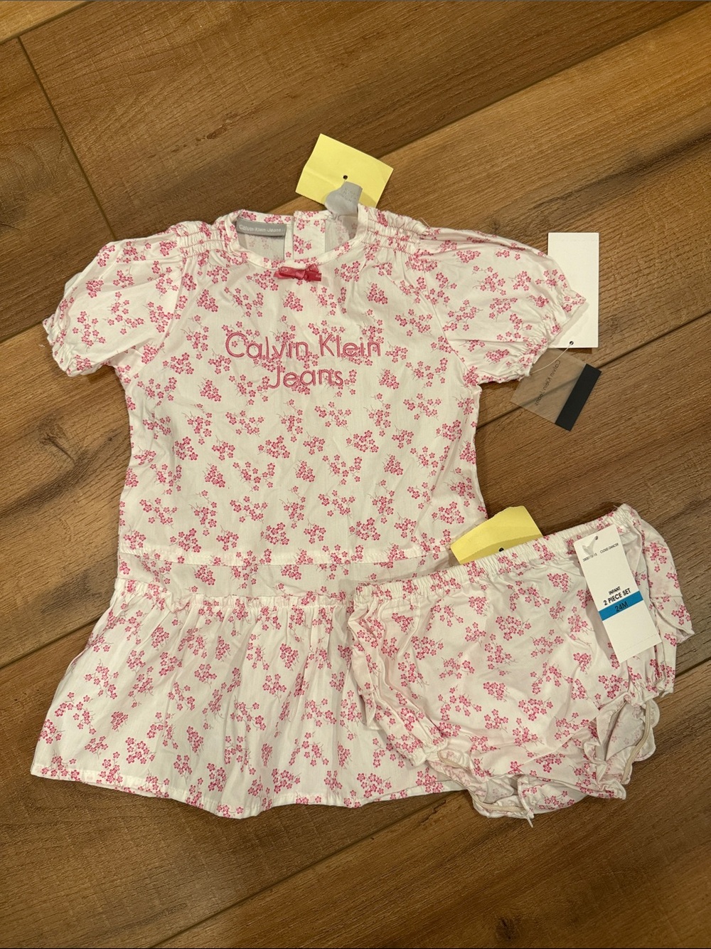 Calvin Klein Jeans White and Pink Floral Girls dress and bottoms  Set 24 Months